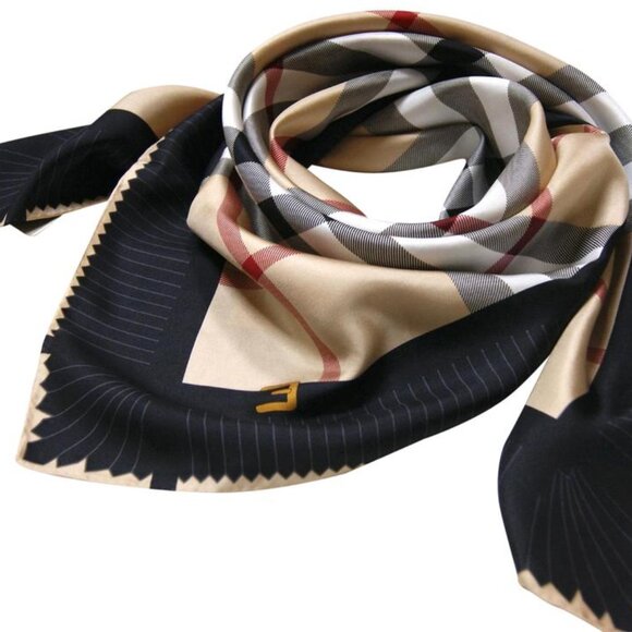 NWT Burberry Beige Check Black Border Silk Scarf - Picture 13 of 16